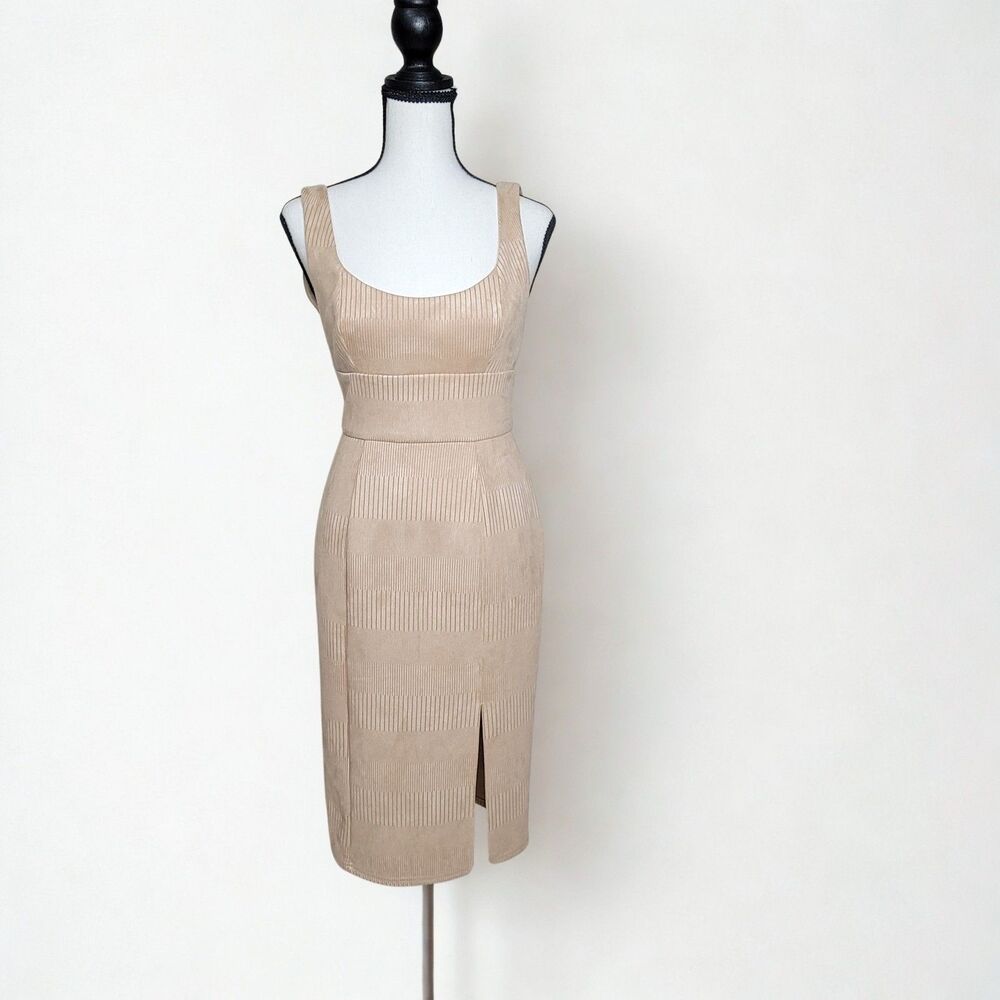 NWT Saints + Secrets Nude Beige Ribbed Bodycon Midi Dress Size M Sexy Pencil